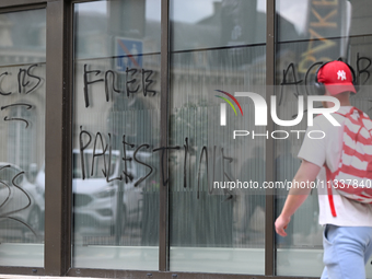 CAEN, FRANCE - JUNE 16: 
Vandalised bank windows after the 2024 Pride Parade in the Caen city center, seen on June 16, 2024, in Caen, Norman...