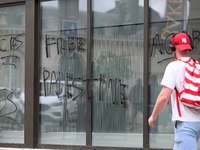 CAEN, FRANCE - JUNE 16: 
Vandalised bank windows after the 2024 Pride Parade in the Caen city center, seen on June 16, 2024, in Caen, Norman...