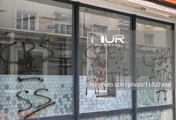 CAEN, FRANCE - JUNE 16: 
Vandalised bank windows after the 2024 Pride Parade in the Caen city center, seen on June 16, 2024, in Caen, Norman...