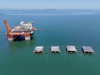 An offshore PV demonstration base and floating PV platform are operating in Yantai, China, on June 16, 2024. (