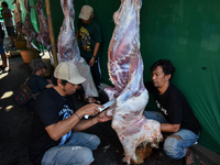 (EDITOR'S NOTE: Graphic content) Residents are working together to cut hundreds of goats to be distributed to the public during the Eid al-A...