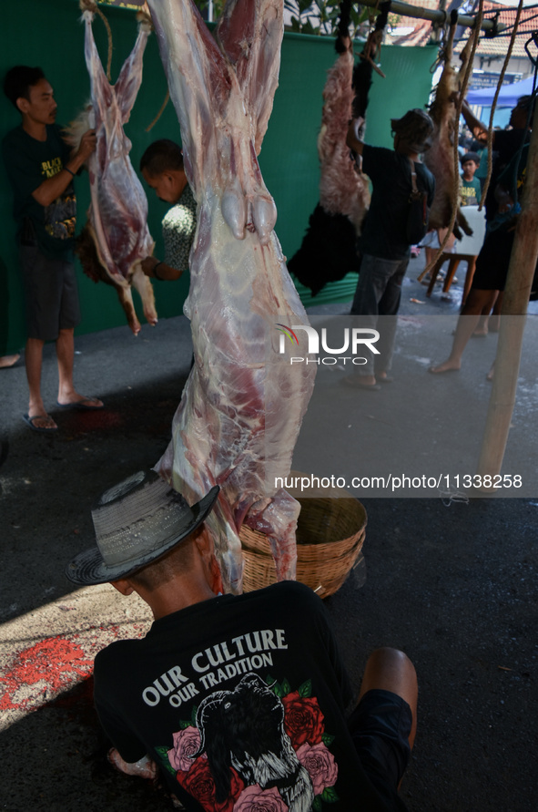 (EDITOR'S NOTE: Graphic content) Residents are working together to cut hundreds of goats to be distributed to the public during the Eid al-A...