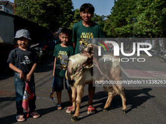 Children are posing with a goat, which is going to be slaughtered and distributed to the community during the Eid al-Adha celebration at the...