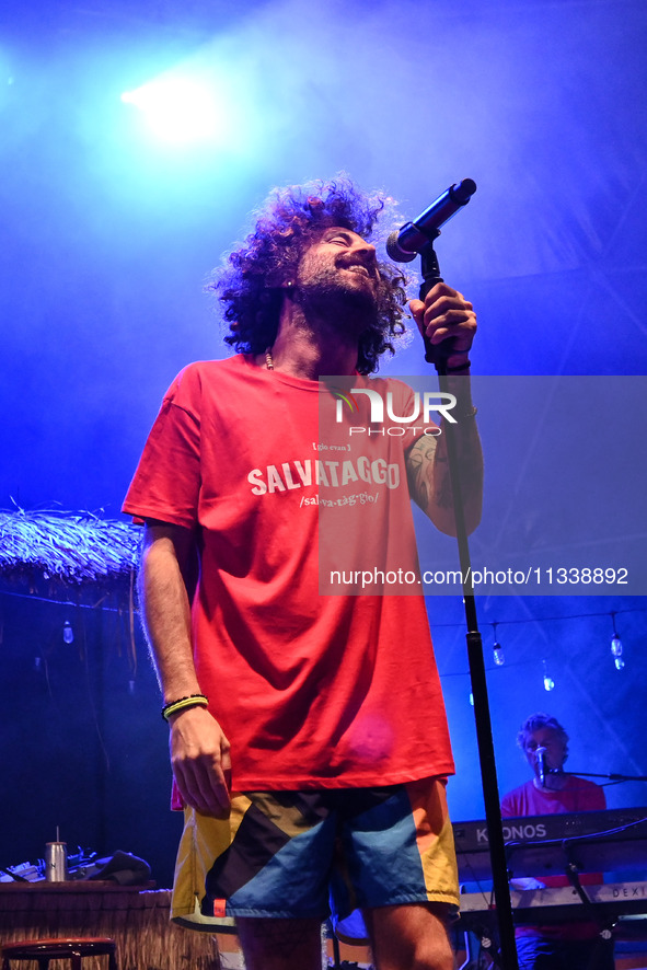 Gio Evan is performing during the Moksa Bar Il Primo Lido Itinerante Tour 2024 at Villa Ada Festival, in Rome, Italy, on June 16, 2024. 