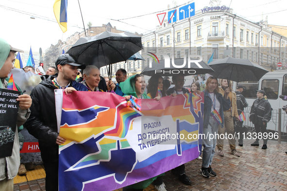 Demonstrators are partaking in the Equality March organized by KyivPride NGO for the first time since the 2022 Russian invasion of Ukraine i...