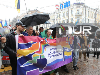 Demonstrators are partaking in the Equality March organized by KyivPride NGO for the first time since the 2022 Russian invasion of Ukraine i...