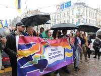 Demonstrators are partaking in the Equality March organized by KyivPride NGO for the first time since the 2022 Russian invasion of Ukraine i...