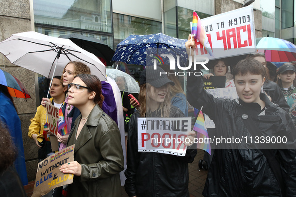 Demonstrators are partaking in the Equality March organized by KyivPride NGO for the first time since the 2022 Russian invasion of Ukraine i...