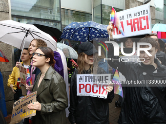 Demonstrators are partaking in the Equality March organized by KyivPride NGO for the first time since the 2022 Russian invasion of Ukraine i...