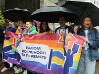 Demonstrators are partaking in the Equality March organized by KyivPride NGO for the first time since the 2022 Russian invasion of Ukraine i...