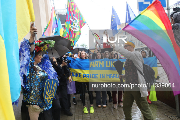 Demonstrators are partaking in the Equality March organized by KyivPride NGO for the first time since the 2022 Russian invasion of Ukraine i...