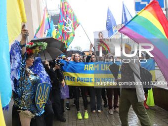 Demonstrators are partaking in the Equality March organized by KyivPride NGO for the first time since the 2022 Russian invasion of Ukraine i...