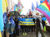 Demonstrators are partaking in the Equality March organized by KyivPride NGO for the first time since the 2022 Russian invasion of Ukraine i...