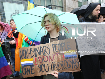 Demonstrators are partaking in the Equality March organized by KyivPride NGO for the first time since the 2022 Russian invasion of Ukraine i...