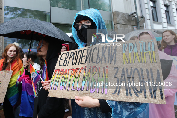 Demonstrators are partaking in the Equality March organized by KyivPride NGO for the first time since the 2022 Russian invasion of Ukraine i...