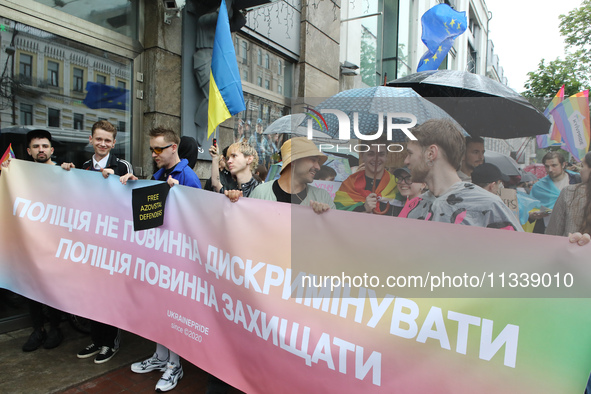 Demonstrators are partaking in the Equality March organized by KyivPride NGO for the first time since the 2022 Russian invasion of Ukraine i...