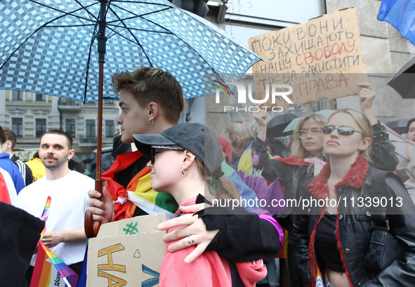 Demonstrators are partaking in the Equality March organized by KyivPride NGO for the first time since the 2022 Russian invasion of Ukraine i...