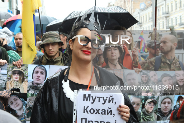 An activist in a costume is partaking in the Equality March organized by KyivPride NGO for the first time since the 2022 Russian invasion of...