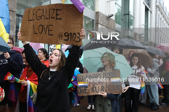 Demonstrators are partaking in the Equality March organized by KyivPride NGO for the first time since the 2022 Russian invasion of Ukraine i...