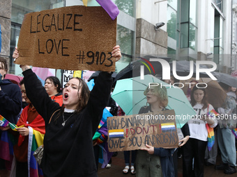 Demonstrators are partaking in the Equality March organized by KyivPride NGO for the first time since the 2022 Russian invasion of Ukraine i...