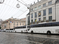 Police buses are parking along the street during the Equality March organized by KyivPride NGO for the first time since the 2022 Russian inv...