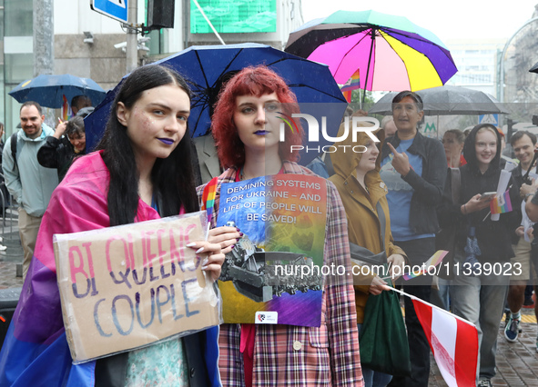 Demonstrators are partaking in the Equality March organized by KyivPride NGO for the first time since the 2022 Russian invasion of Ukraine i...