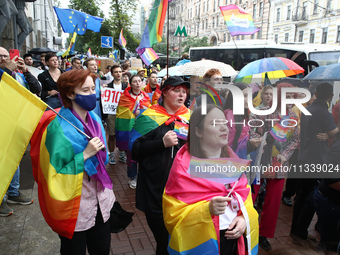 Demonstrators are partaking in the Equality March organized by KyivPride NGO for the first time since the 2022 Russian invasion of Ukraine i...