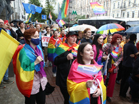 Demonstrators are partaking in the Equality March organized by KyivPride NGO for the first time since the 2022 Russian invasion of Ukraine i...