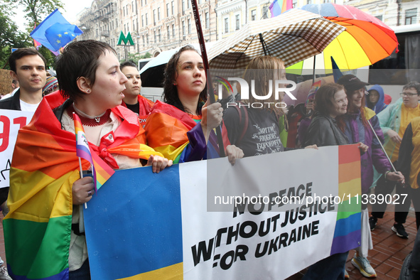 Demonstrators are partaking in the Equality March organized by KyivPride NGO for the first time since the 2022 Russian invasion of Ukraine i...