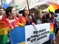 Demonstrators are partaking in the Equality March organized by KyivPride NGO for the first time since the 2022 Russian invasion of Ukraine i...