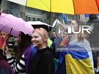 Demonstrators are partaking in the Equality March organized by KyivPride NGO for the first time since the 2022 Russian invasion of Ukraine i...