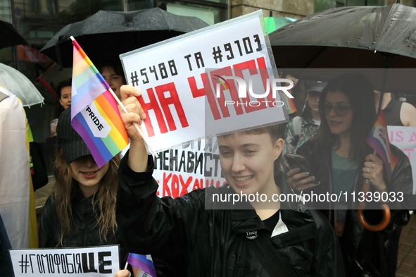 Demonstrators are partaking in the Equality March organized by KyivPride NGO for the first time since the 2022 Russian invasion of Ukraine i...