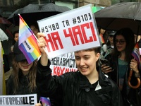 Demonstrators are partaking in the Equality March organized by KyivPride NGO for the first time since the 2022 Russian invasion of Ukraine i...