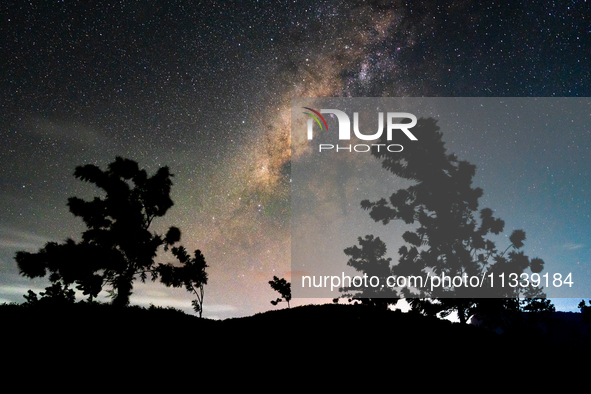 The Milky Way is being seen over the Tea Estate in Ratnapura, Sri Lanka, on June 17, 2024. The Milky Way is a huge collection of stars, dust...