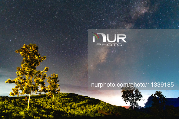 The Milky Way is being seen over the Tea Estate in Ratnapura, Sri Lanka, on June 17, 2024. The Milky Way is a huge collection of stars, dust...