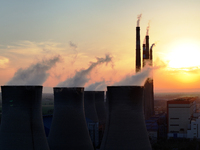 The Datang Electric Power Zhangjiakou Power Plant is being seen at sunset in Zhangjiakou, China, on June 17, 2024. (