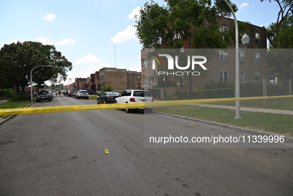 Crime scene tape is blocking the scene. Two people are being shot on W. Maple Street in Chicago, Illinois, United States, on June 17, 2024....