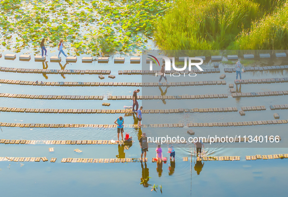 Citizens are bringing their children to play, fish, and catch lobsters at a wetland park in Suqian, Jiangsu province, China, on June 17, 202...