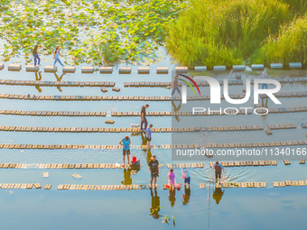 Citizens are bringing their children to play, fish, and catch lobsters at a wetland park in Suqian, Jiangsu province, China, on June 17, 202...