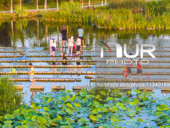 Citizens are bringing their children to play, fish, and catch lobsters at a wetland park in Suqian, Jiangsu province, China, on June 17, 202...