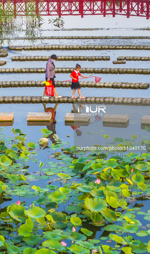 Citizens are bringing their children to play, fish, and catch lobsters at a wetland park in Suqian, Jiangsu province, China, on June 17, 202...