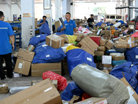 Workers are sorting parcels at an express logistics company in Taicang, China, on June 18, 2024. (