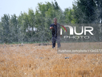 A farmer is using a ''micro-spray belt'' watering method to water a field in Daying village, Handan city, North China's Hebei province, on J...