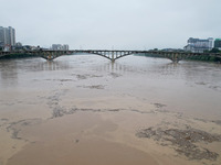 Floodwaters are passing through the Rongan county section of the Rongjiang River in the upper reaches of the Pearl River in Liuzhou, Guangxi...