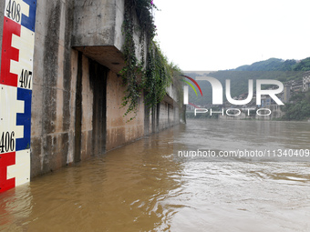 Water level is rising in the Maotai Township section of the Chishui River due to heavy rainfall in Renhuai, China, on June 18, 2024. (