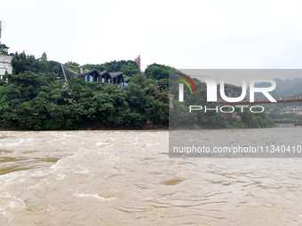 Water level is rising in the Maotai Township section of the Chishui River due to heavy rainfall in Renhuai, China, on June 18, 2024. (