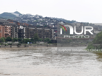 Water level is rising in the Maotai Township section of the Chishui River due to heavy rainfall in Renhuai, China, on June 18, 2024. (