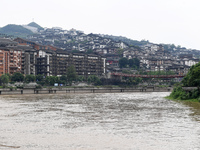 Water level is rising in the Maotai Township section of the Chishui River due to heavy rainfall in Renhuai, China, on June 18, 2024. (