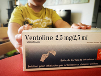 A child is holding a box of Ventolin in Paris, France, on June 18, 2024. Since the beginning of the month, Ventolin is in short supply in ma...