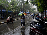 A pedestrian is carrying an umbrella during rainfall in Mumbai, India, on June 18, 2024. (